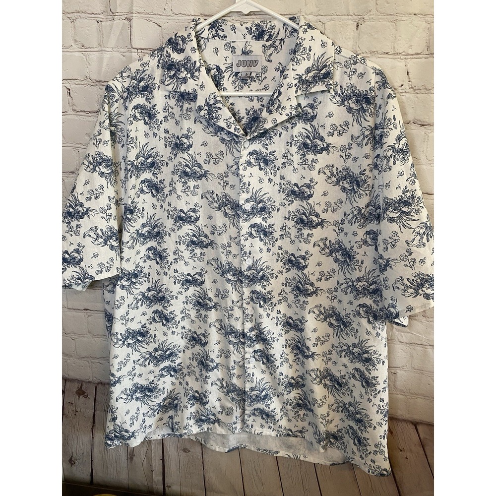 Junya Men's Short-Sleeve Floral Button-Up Shirt - White & Navy